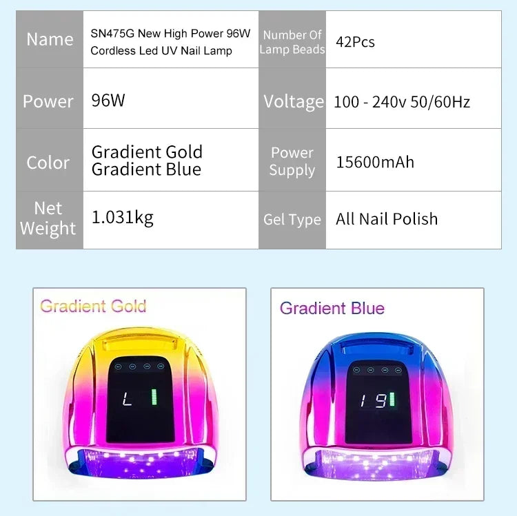 96W Mirror Reflective Nail Lamp with Metal Pad Cordless Manicure Dryer Wireless UV Light for Nails Rechargeable Nail UV LED Lamp