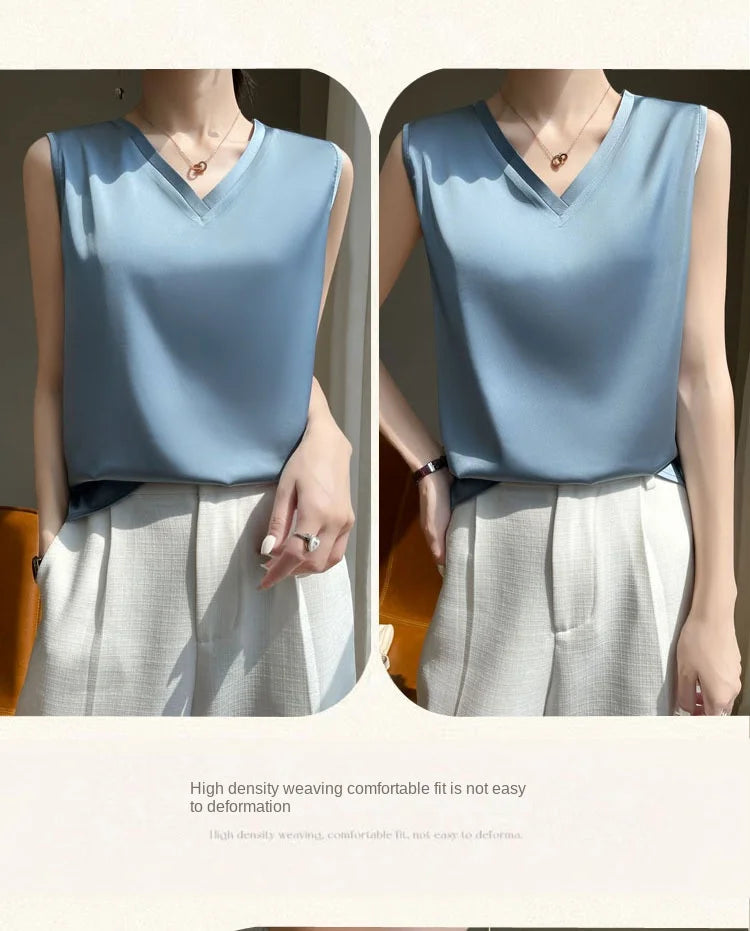 V-Neck Silk Vest Women's Summer Short Sleeved Top Acetate Satin Sleeveless Summer Shirt T-Shirt Loose Suspender Base YTM A39