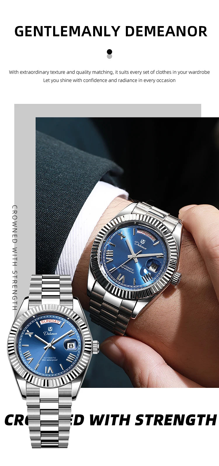 Dulunwe Automatic Watches for Men Day Date Classic 41MM Retro Mechanical Wristwatch 3ATM Waterproof Screw-in Crown Design