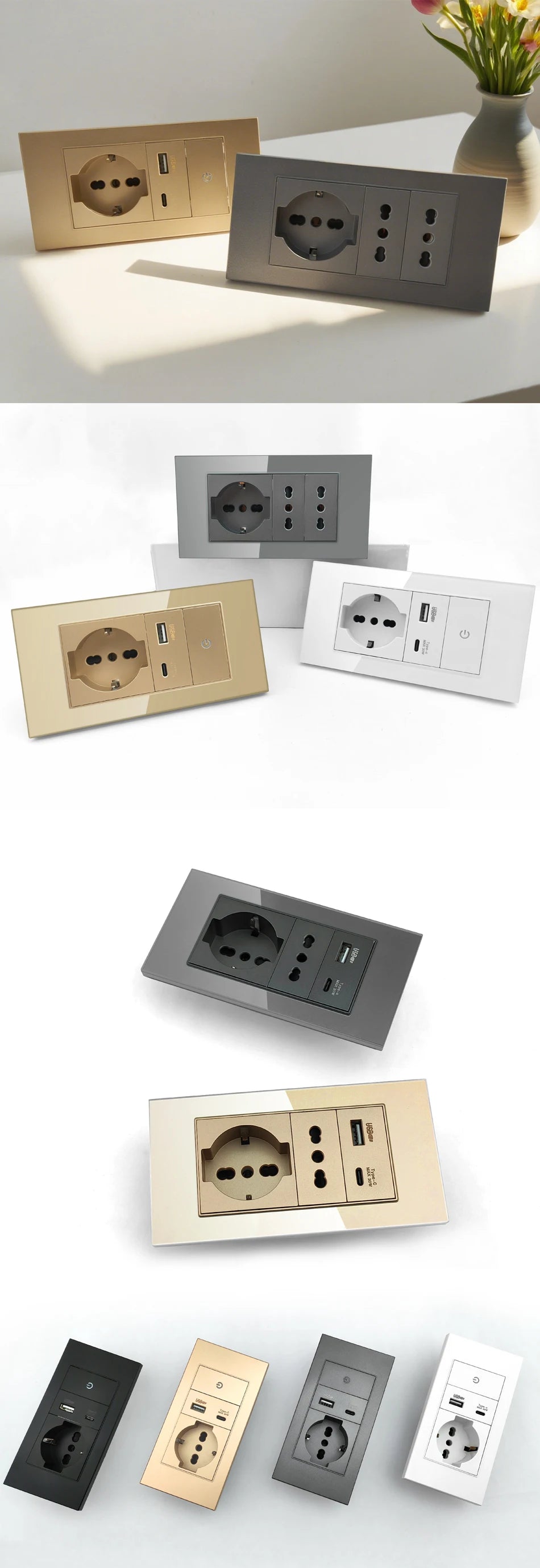 DELEFU Glass SC70 Panel 145mm Black Italian Standard USB C-type Fast Charging Wall Socket Switch TV Telephone CAT5 CAT6
