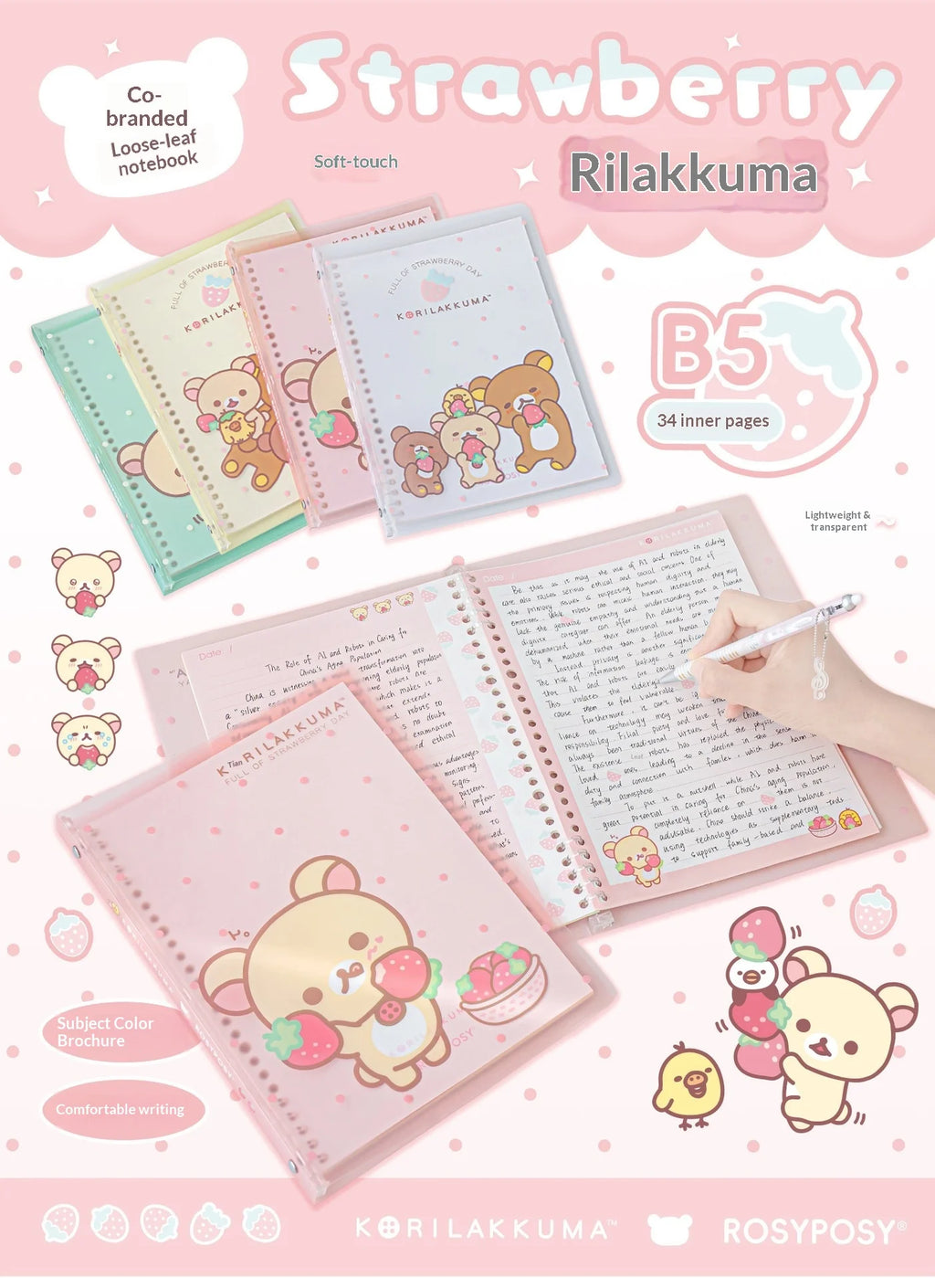 In Stocks RosyPosy Korilakkuma Loose Leaf Notebook Cute Strawberry Pattern B5 Refillable Journal For Study Office Daily Planning