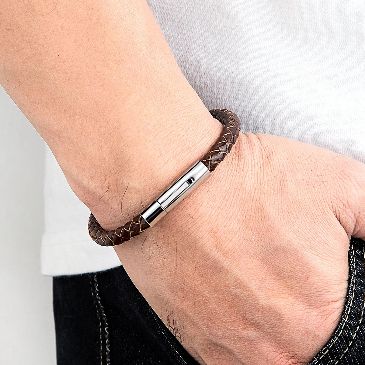 Pulseira de Pele Clássica para Homem TYO 3/4/5/6/8mm 3 Cores Bracelete Moderna com Fecho Magnético Acessórios Artesanais Personalizados Presente por Grosso