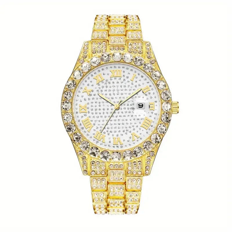 2 pieces/set of luxury men's hip-hop watches, adorned with sparkling artificial diamonds and Cuban chain bracelets