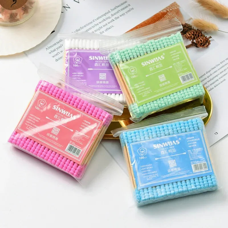100Pcs Color Mix Double Head Bamboo Cotton Buds Adults Makeup Cotton Swab Eco Friendly Wood Sticks Nose Ears Cleaning Tools