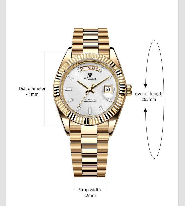 Dulunwe Automatic Watches for Men Day Date Classic 41MM Retro Mechanical Wristwatch 3ATM Waterproof Screw-in Crown Design