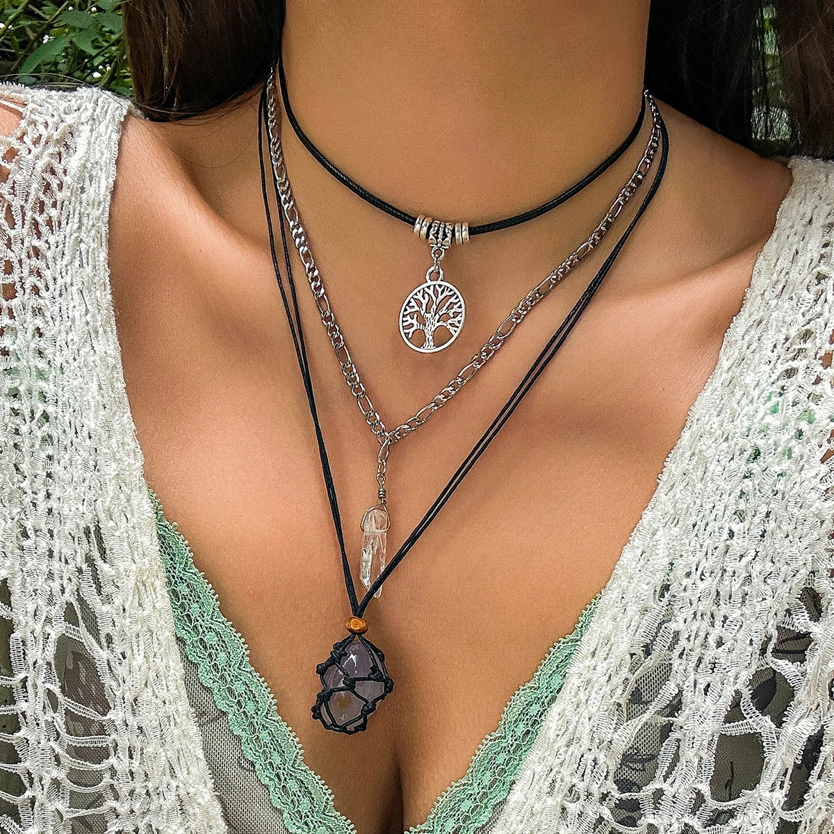 PuRui Vintage Natural Stone Beads Pendent Necklace for Women Crystal Charm Multilayer Rope Choker Neck Chain Jewelry Party Girls