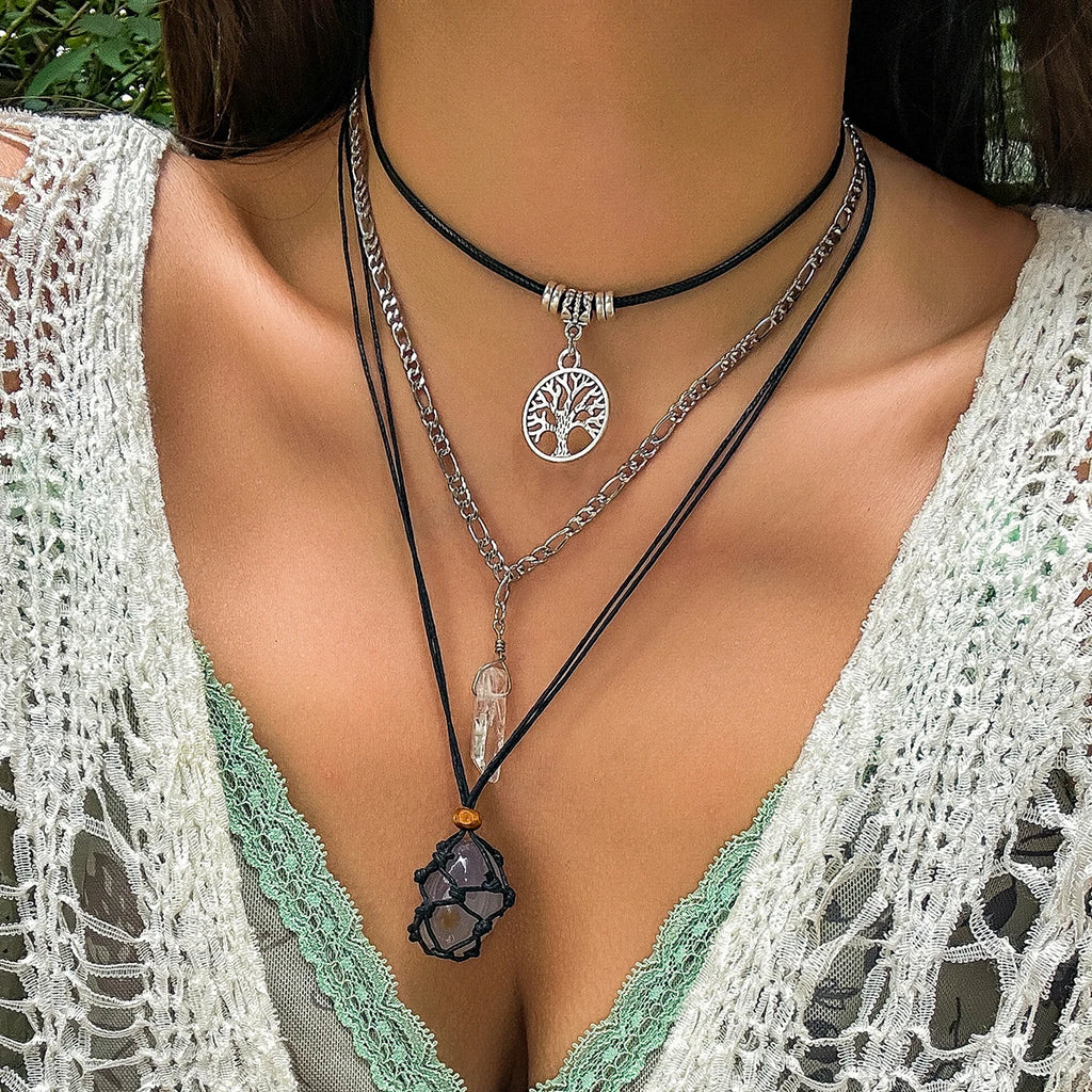 PuRui Vintage Natural Stone Beads Pendent Necklace for Women Crystal Charm Multilayer Rope Choker Neck Chain Jewelry Party Girls