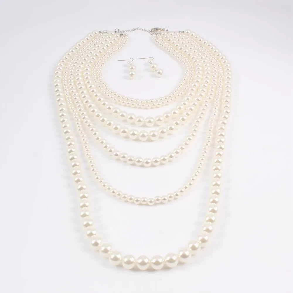 Fashiona Elegant Multi-layer Imitation Pearl Handmade Beaded Statement Necklace Women Wedding Party Accessories Sweater Chain