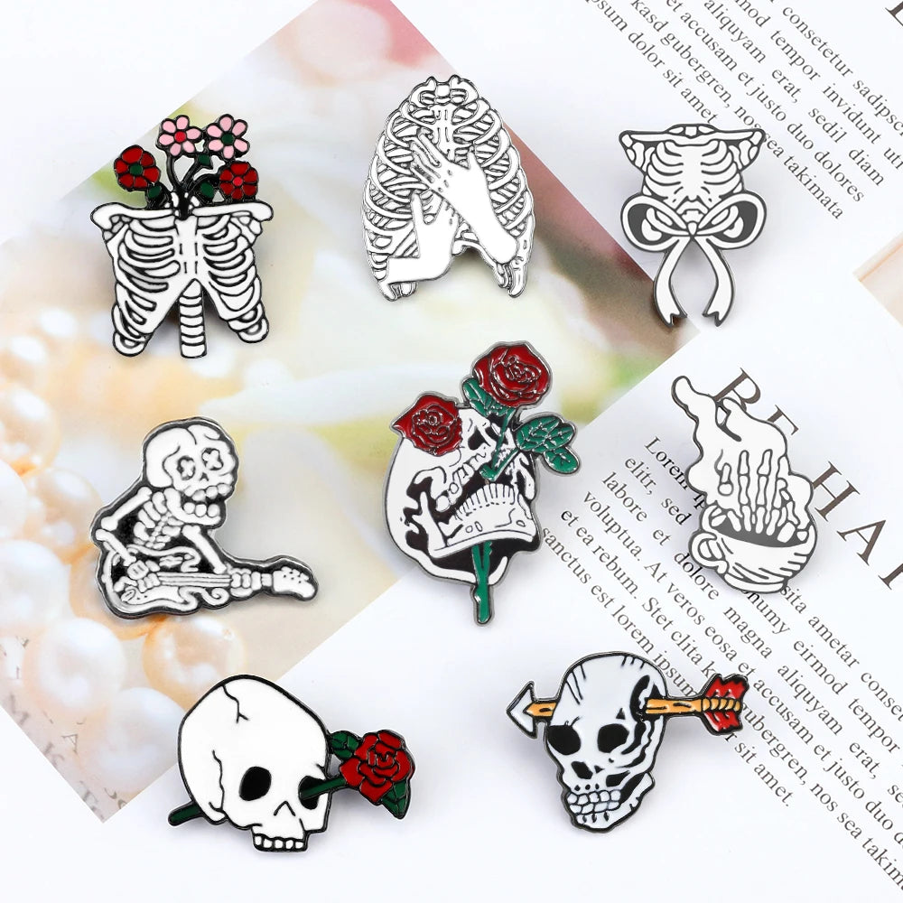 More Styles Halloween Day Punk Skeleton Enamel Pin Women Men Rose Flower Skull Brooches Metal Jean Coat Lapel Pin Badge Jewelry