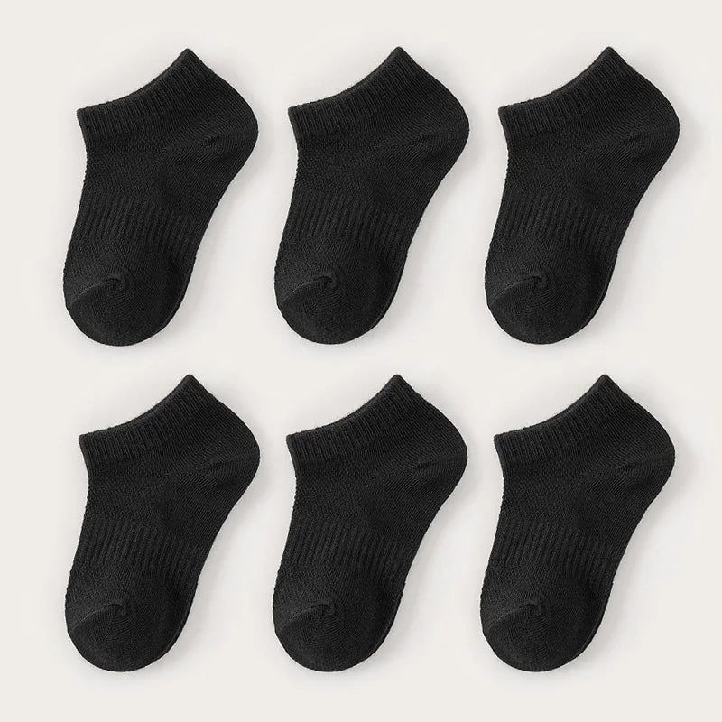 6 Pairs Kids Socks Breathable Mesh Girls Ankle Socks White Black Solid Colors Boys Sports Socks for Spring Summer