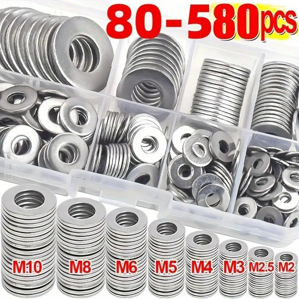 80-580PCS Stainless Steel Flat Washer Assortment Kit (M2, M2.5, M3, M4, M5, M6, M8, M10) for Home Decorations& Factory Repairs