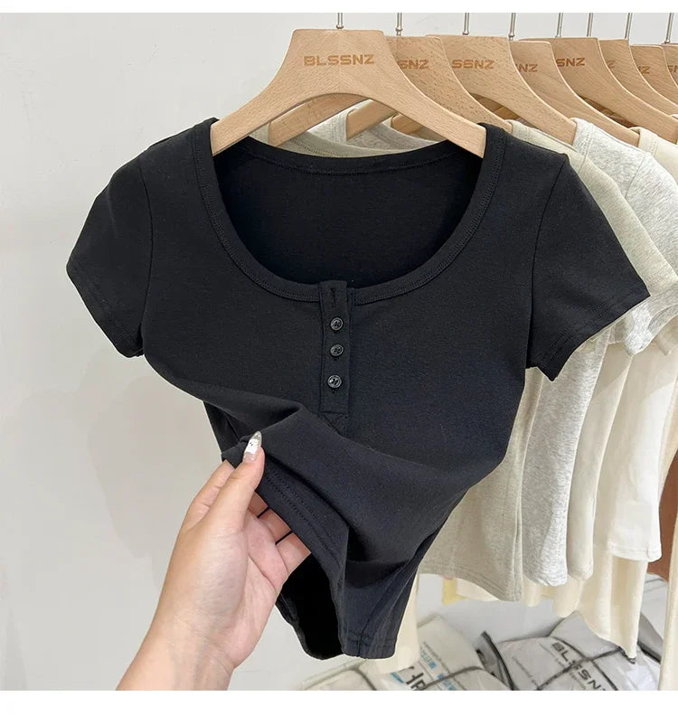 Women T Shirt Button T-Shirt Woman Clothes Tops Cotton Slim Tshirt Female Short Sleeve Top Summer Tee Sexy Canale Y2k