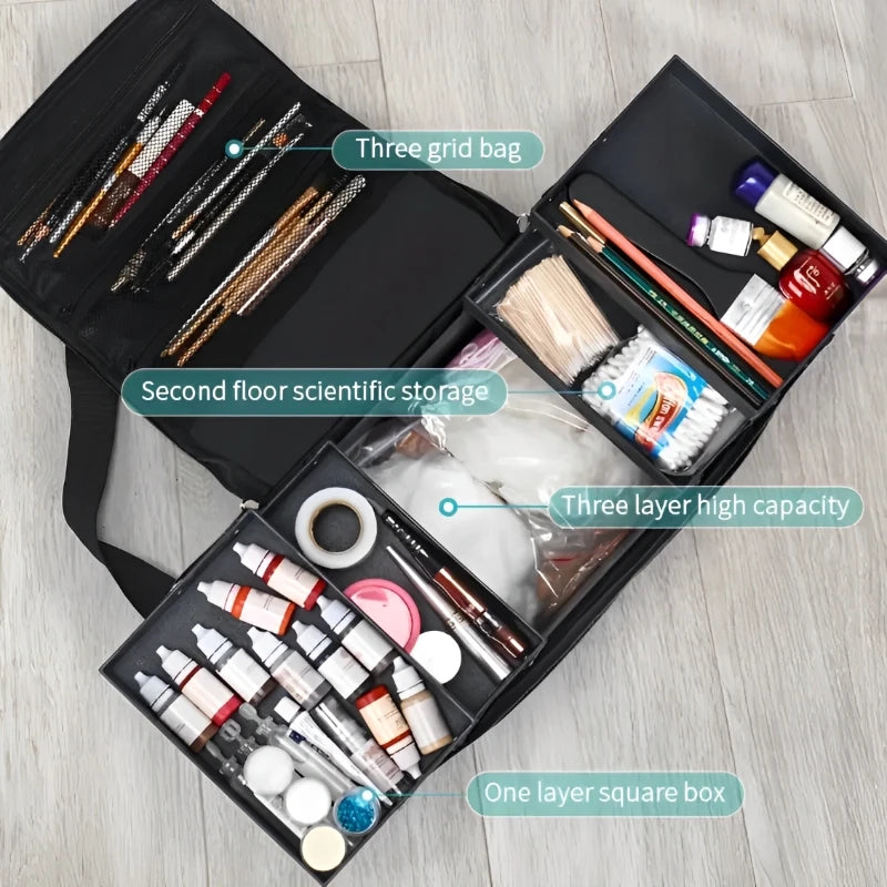 Mala de Maquilhagem de Grande Capacidade com Tabuleiros Dobráveis Multicamadas Ajustáveis, Caixa para Manicura, Organizador de Cosméticos Portátil para Unhas