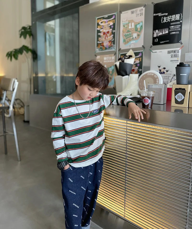 2025 autumn Children Clothes Girls Long Sleeves Bottoming Shirts Cool Boys Stripe Cotton T-shirt Teen Loose Casual 2-7y Kids Top