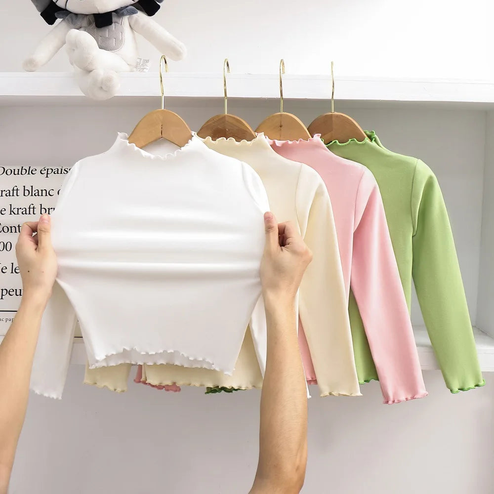 Autumn Kids Long Sleeve T-Shirt Ruffle Trim Solid Color Top For 1-8Y Girls Casual Soft Warm Children Clothing