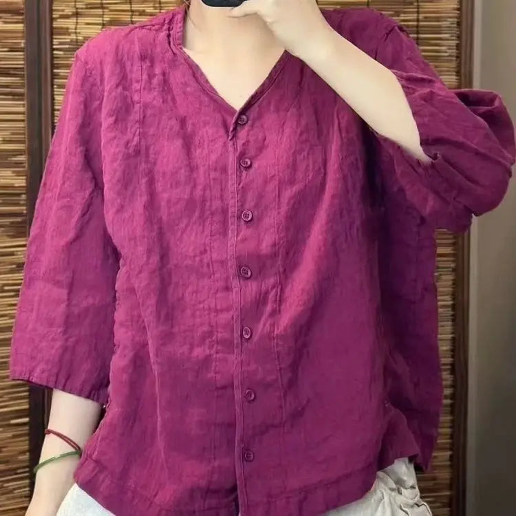 Women's Shirt 2025 Spring Summer Cotton and Linen Round Neck Retro Ladies Blouse Solid Age Reduction Lady Cardigan T-shirt