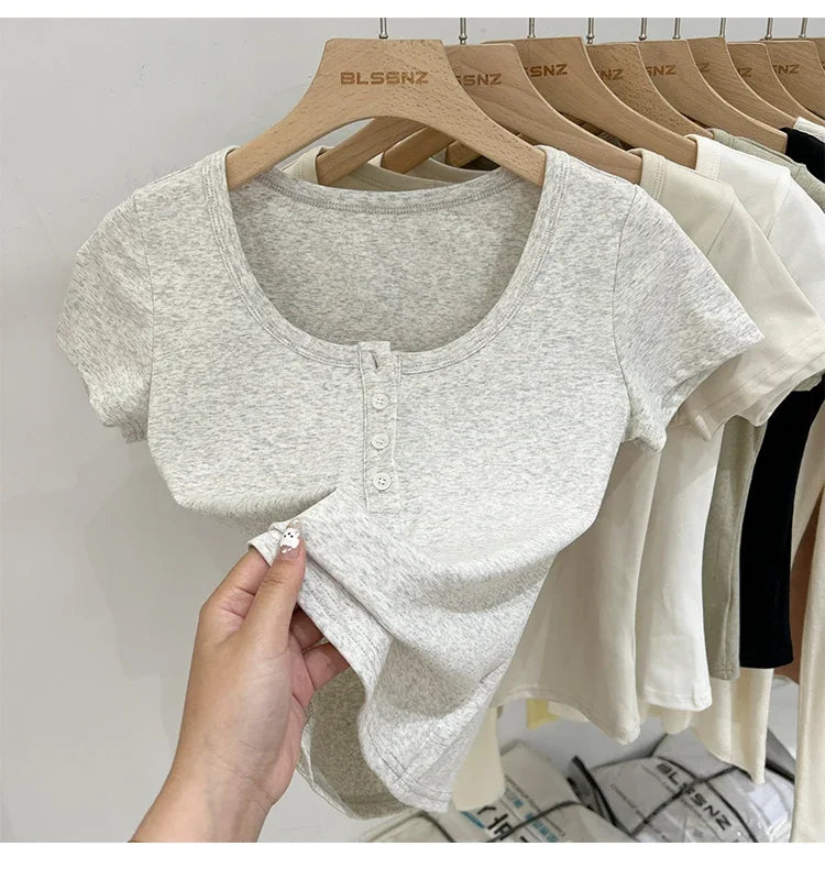 Women T Shirt Button T-Shirt Woman Clothes Tops Cotton Slim Tshirt Female Short Sleeve Top Summer Tee Sexy Canale Y2k