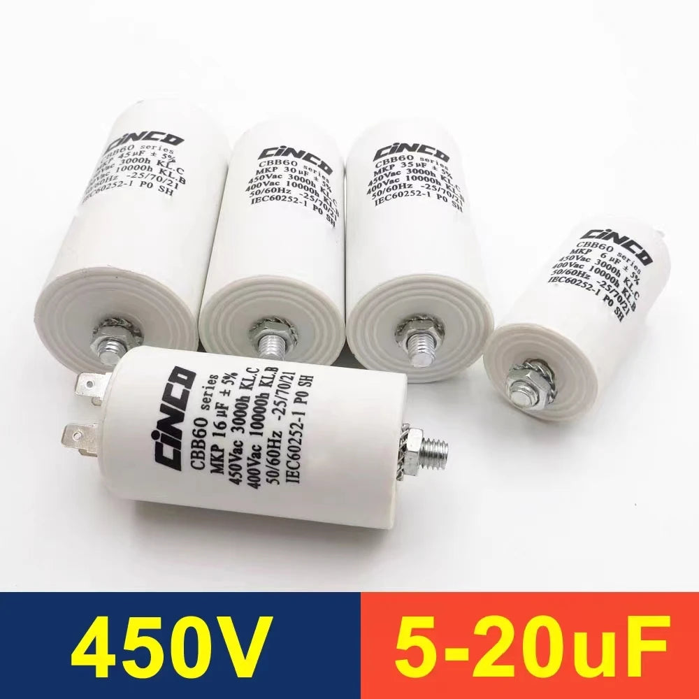 Condensador de motor CBB60 14-35uF 450V, condensador de arranque para bomba de água, peças para micro motor AC 50/60 Hz com ficha dupla