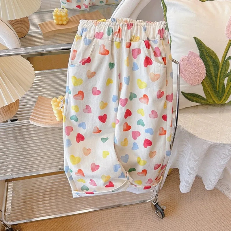 2025 New Spring Kids' Straight Pants Girls Cute Cartoon Heart Casual Pants Children Cotton Loose Trousers Outwear Clothes