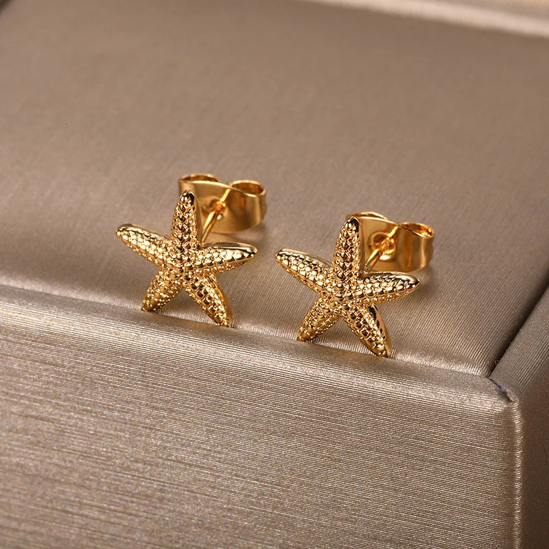 Marine Life Starfish Earrings for Women Girls Gold Color Stainless Steel Starfish Stud Earrings Summer Jewelry Seaside Gifts