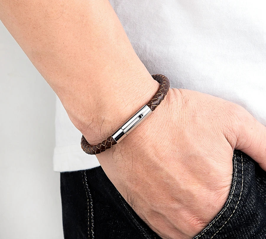 Pulseira de Pele Clássica para Homem TYO 3/4/5/6/8mm 3 Cores Bracelete Moderna com Fecho Magnético Acessórios Artesanais Personalizados Presente por Grosso