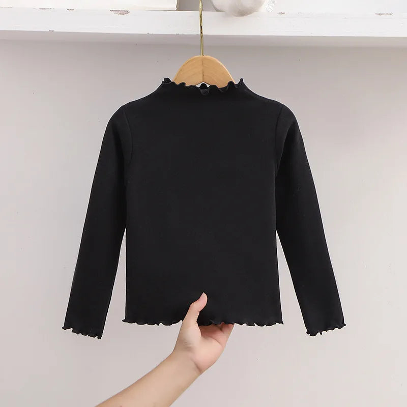 Autumn Kids Long Sleeve T-Shirt Ruffle Trim Solid Color Top For 1-8Y Girls Casual Soft Warm Children Clothing
