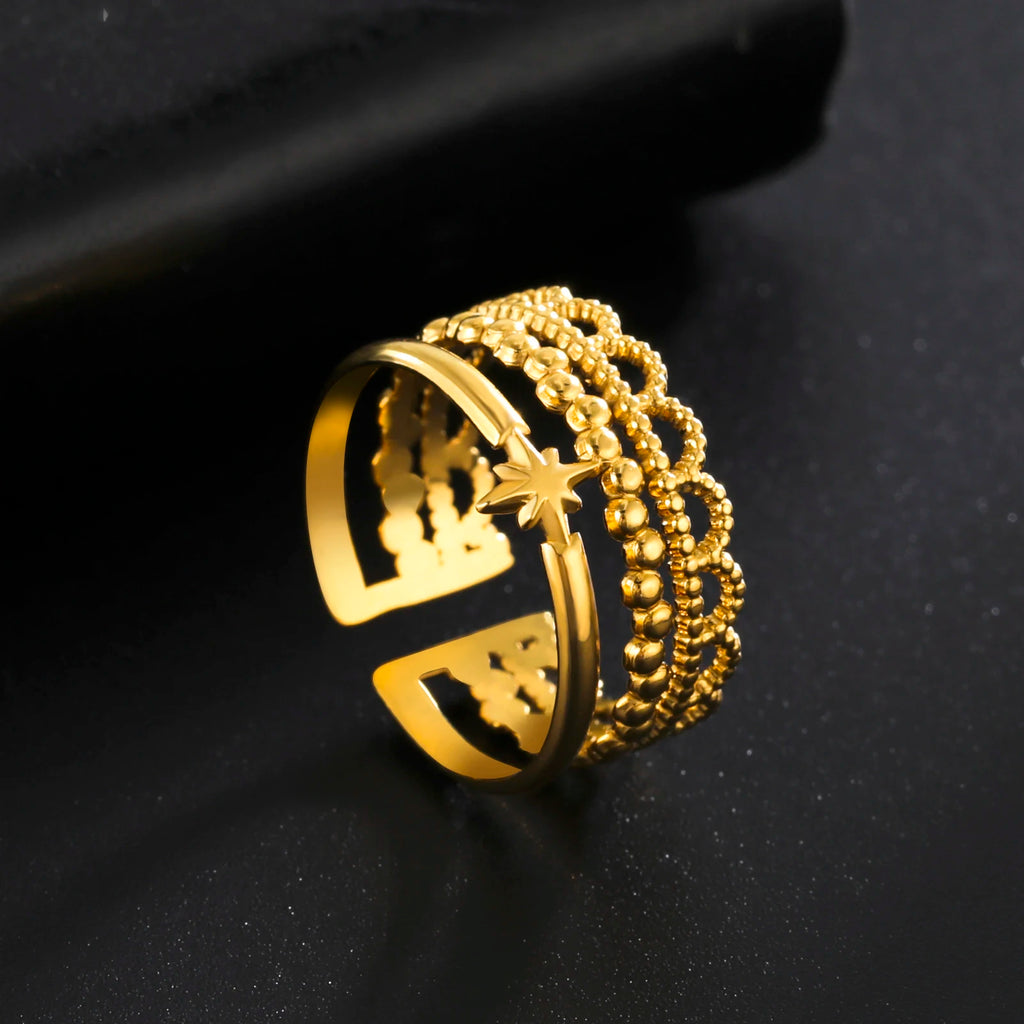 Amaxer For Women Lover's Rings Star Lace Beads Strip Stainless Steel Gold Color Silver Color Engagement Jewelry Party Gift