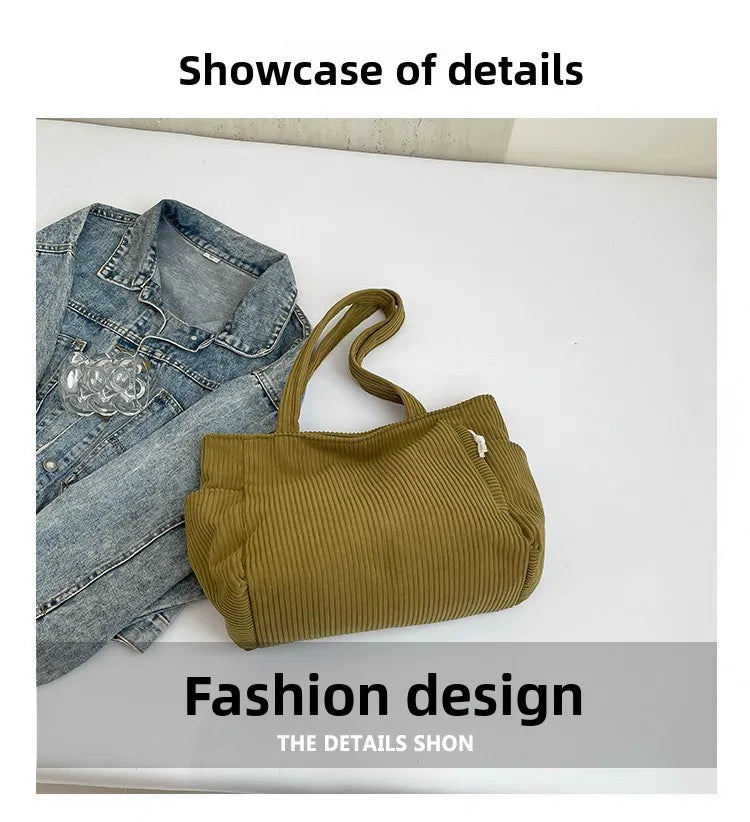 Corduroy Women Bag Fashionable Large Capacity Handbag Shoulder Bag Versatile Artistic Retro Student Class Bag with Zipper Pocket