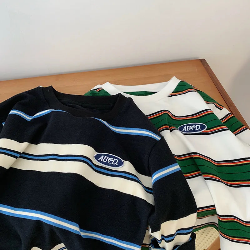 2025 autumn Children Clothes Girls Long Sleeves Bottoming Shirts Cool Boys Stripe Cotton T-shirt Teen Loose Casual 2-7y Kids Top