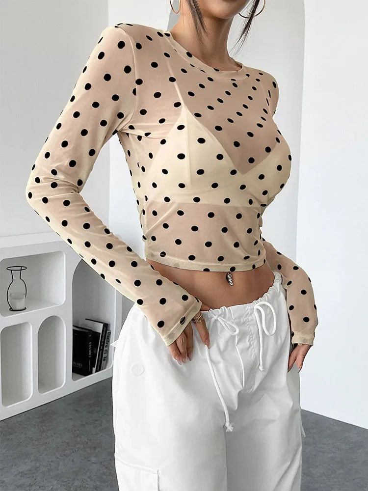 Womens Polka Dots Long Sleeve Mesh Tops Sexy See Through Sheer Blouses Shirts Going Out Crop Top Y2K Date Night Club Party Tops