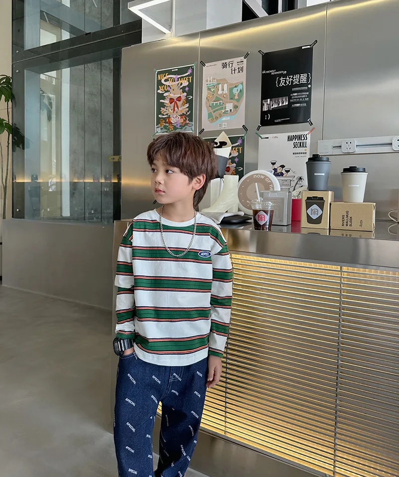 2025 autumn Children Clothes Girls Long Sleeves Bottoming Shirts Cool Boys Stripe Cotton T-shirt Teen Loose Casual 2-7y Kids Top