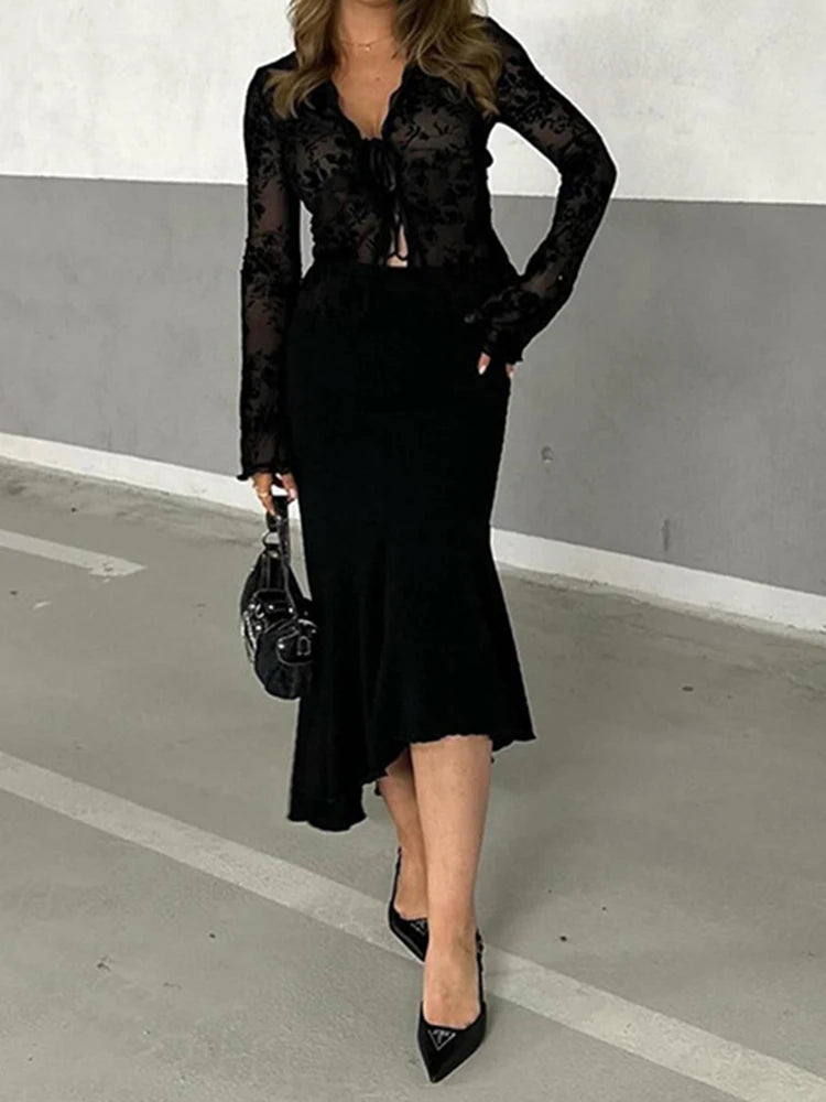 Women's Slim Fit Chiffon Ruffle Trumpet Sleeve Shirt Autumn Fashionable Elegant Top for Business Casual Wear