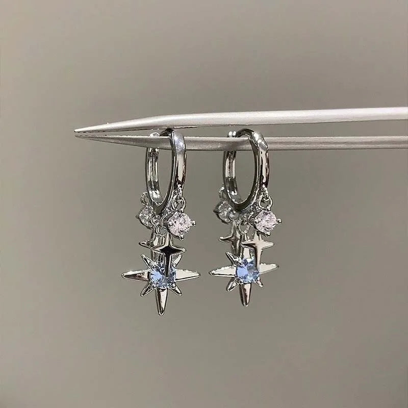 New Y2K Blue Zircon Star Tassel Pendant Earrings For Women Men Silver Color Ear Buckle Jewelry Gift Accessories Wholesale Sales