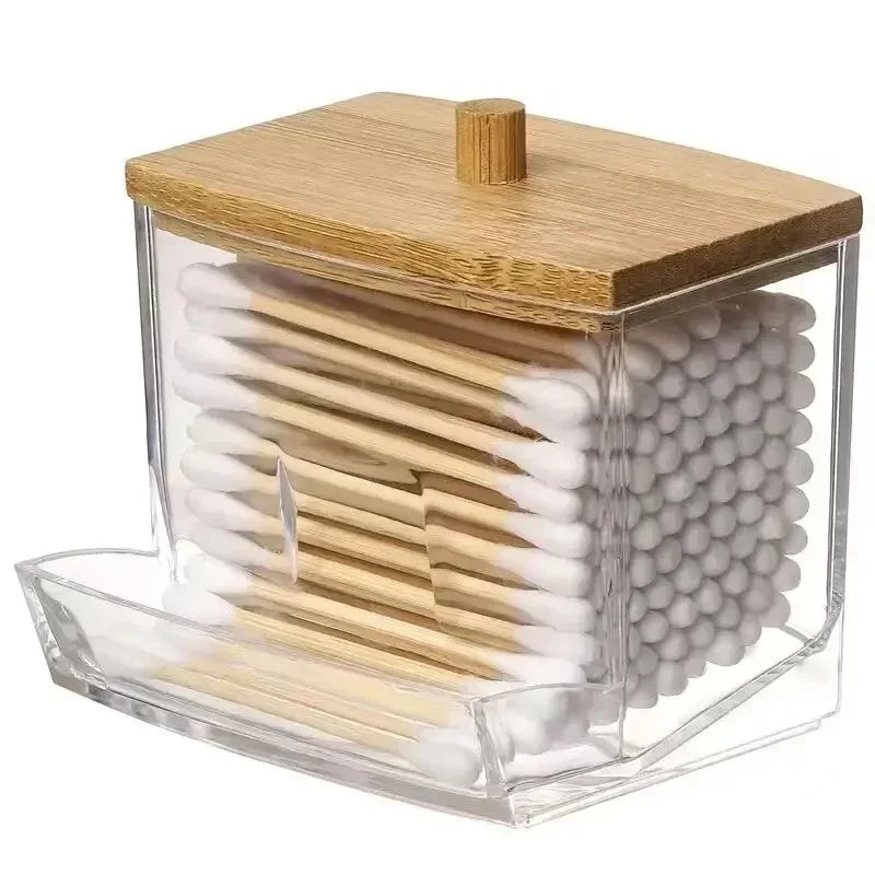 Square Bamboo Cover Double Head Cotton Swab Storage Box Cotton Buds Container Transparent Cotton Swab Toothpick Organize Box