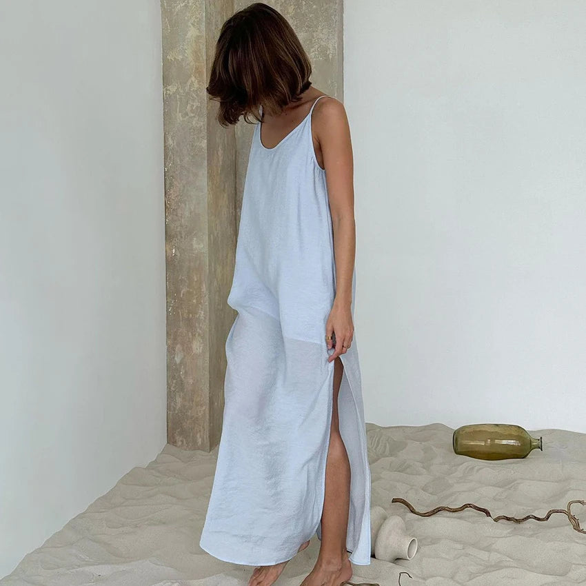 Linad Summer Casual White Long Dress Sexy Loose Backless Split Dresses Woman Street Chic V Neck Straight Dress For Women 2025