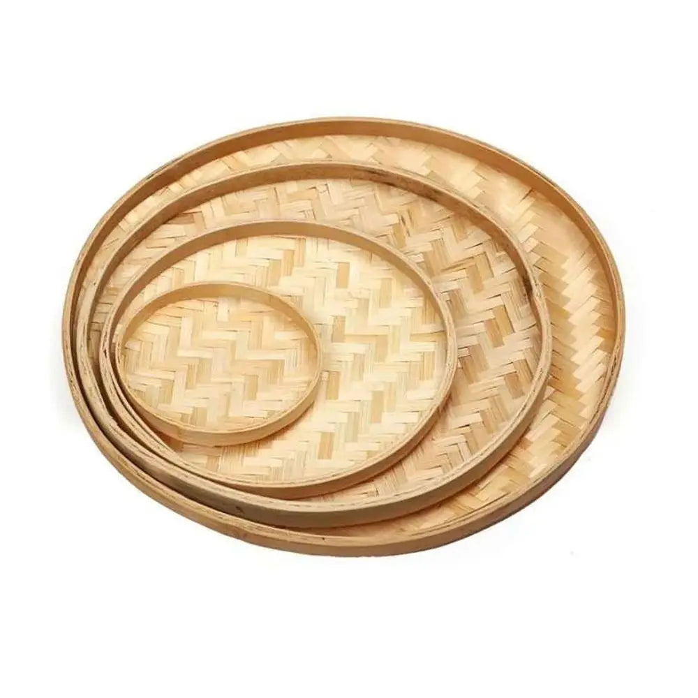 4 Size Hand-woven Bamboo Sieve Hand-painted Bamboo Raft Round Dustpan DIY Decorative Fruit Bread Basket Kitchen Storage Tray