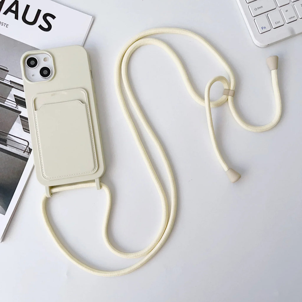 Crossboby Lanyard Rope Phone Case with Card Holder For iPhone 17 16 E 15 14 13 12 11 Pro Max Necklace Strap Soft Silicone Cover