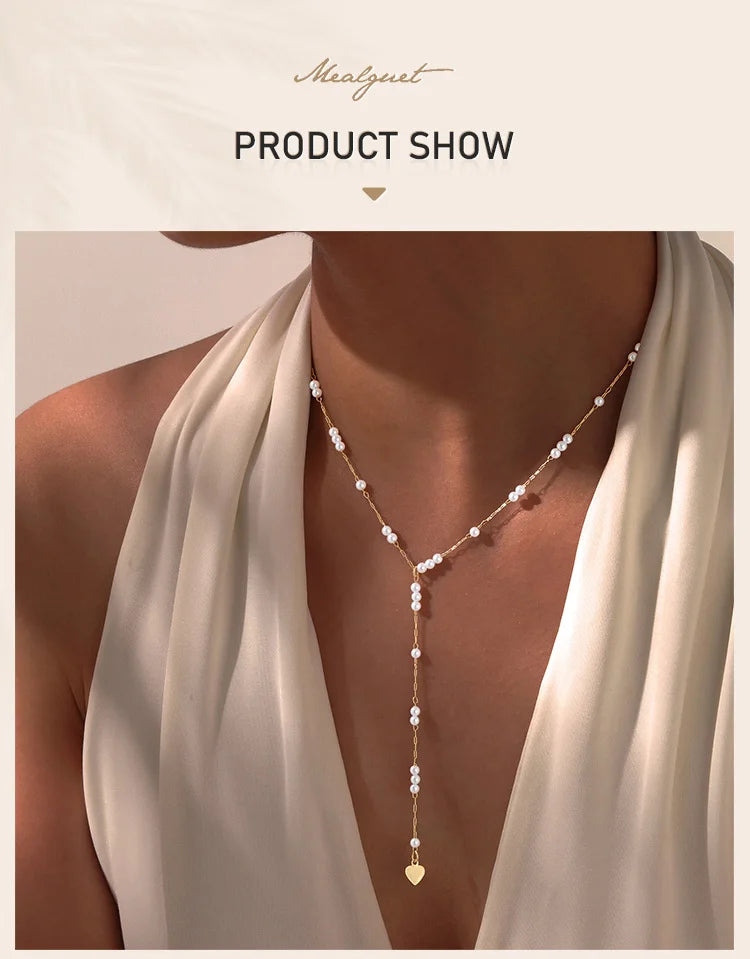Women Pearl Long Necklace, Y Shape Pearl Drop Lariat Necklace, Waterproof Gold Plated Valentine's Day Gift