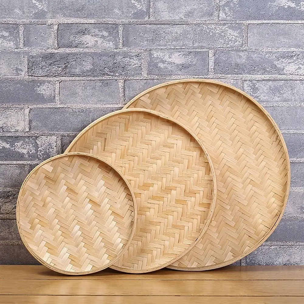 4 Size Hand-woven Bamboo Sieve Hand-painted Bamboo Raft Round Dustpan DIY Decorative Fruit Bread Basket Kitchen Storage Tray