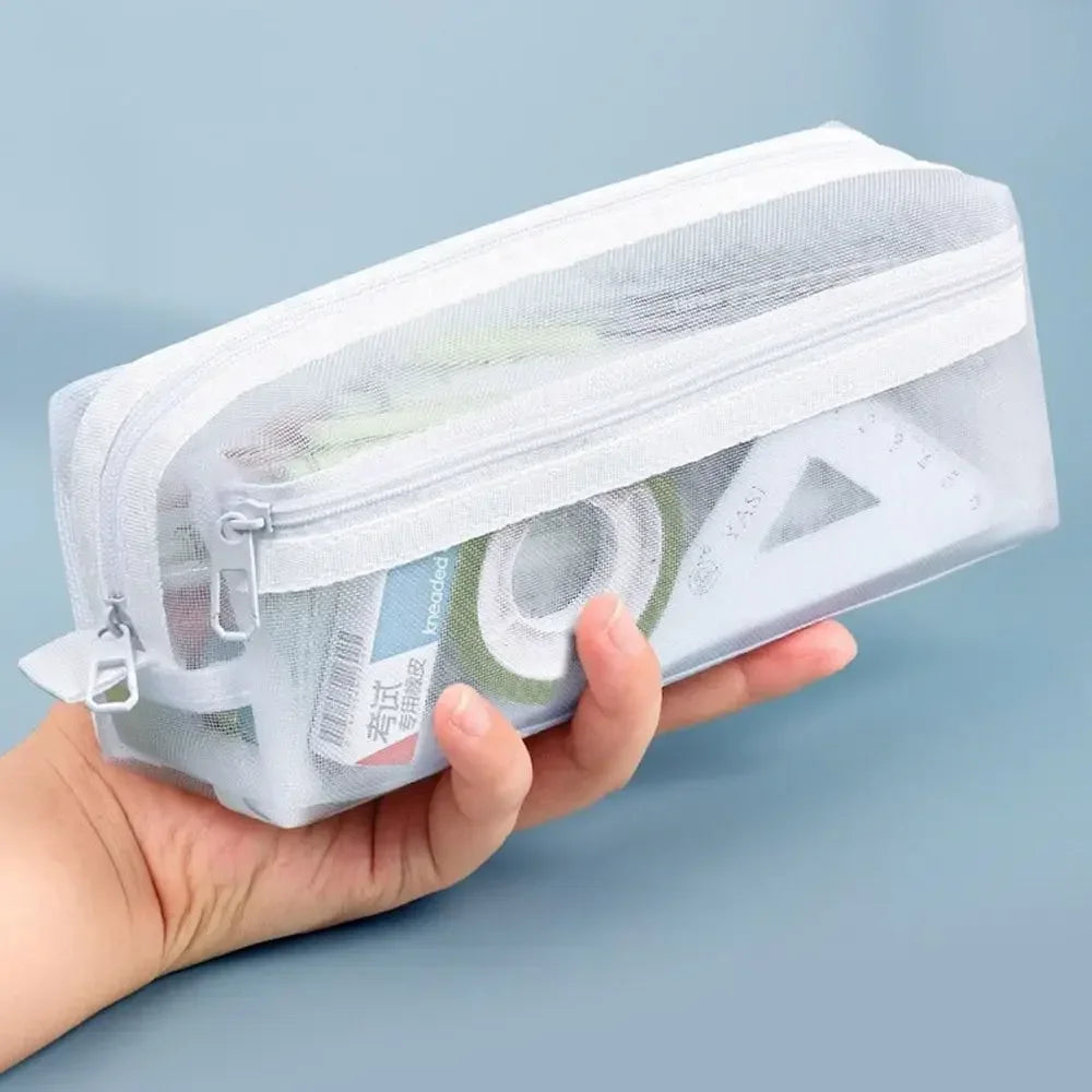 Double Layer Mesh Pen Bag Large Capacity Transparent Stationery Storage Bag Multifunctional Zipper Exam Supplies Organizer