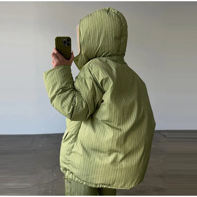 Chic Striped Hooded Puffer Coat Set Women Quilted Full Sleeve Zip Jacket Wide Leg Pants 2026 New Lady Autumn Winter Warm Outfit
