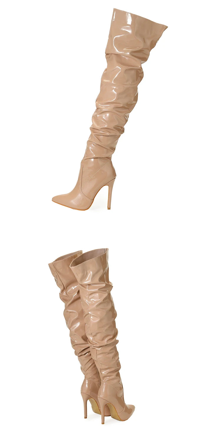 Eilyken Red Women Over The Knee Boots High Heels Patent Leather Solid Pointed Toe Stiletto Side Zipper Sapatos Femininos
