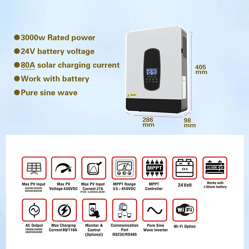 ECGSOLAX 3KW 1.8KW Solar Hybrid Inverter 12V 24V 230Vac With 80A MPPT Solar Charger Off-grid Hybrid Solar Inveter Max PV 450VDC