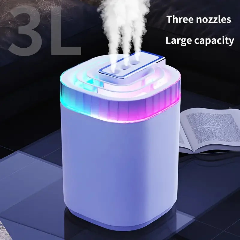 Humidificador de ar ultrassónico de 3L com névoa fria, luz noturna e três bicos, humidificador aromático USB silencioso para casa
