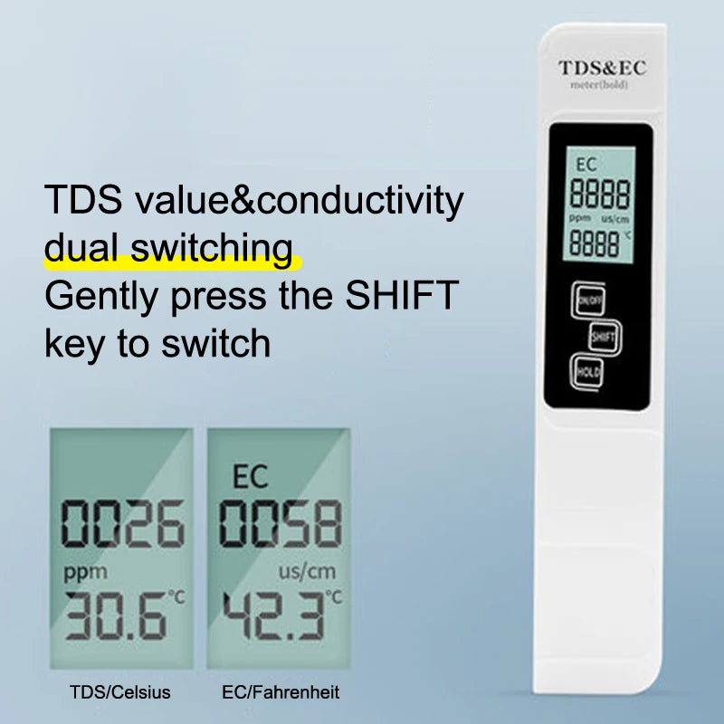 1PC White Digital Water Quality Tester TDS EC Meter Range 0 To 9990 Multifunction Water Purity Temperature TEMP PPM Tester〔YY24〕