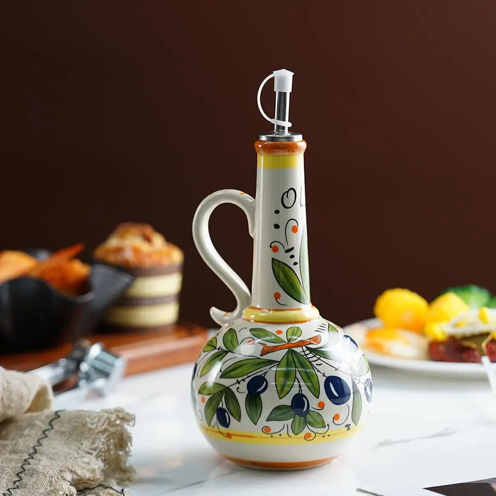 Hand-Painted Ceramic Oil Bottle Kitchen Storage Nordic Vinegar Oil Dispenser Cooking Utensil for Home Use Kitchen Seasoning Jar