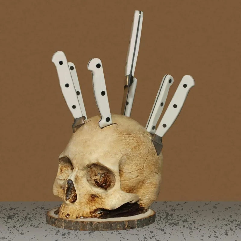 Skull Knife Holder for Kitchen Skeleton Knife Stand Horror Kitchen Storage Head Rack Kitchen Fruit Storage Rack Decoration
