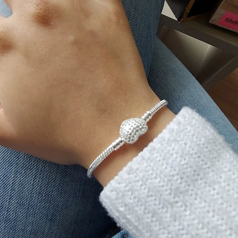 Big Sale Fine DIY Bracelet Bangle for women Silver Color Heart Clasp Snake Chain Fit Bead Bracelet Jewelry