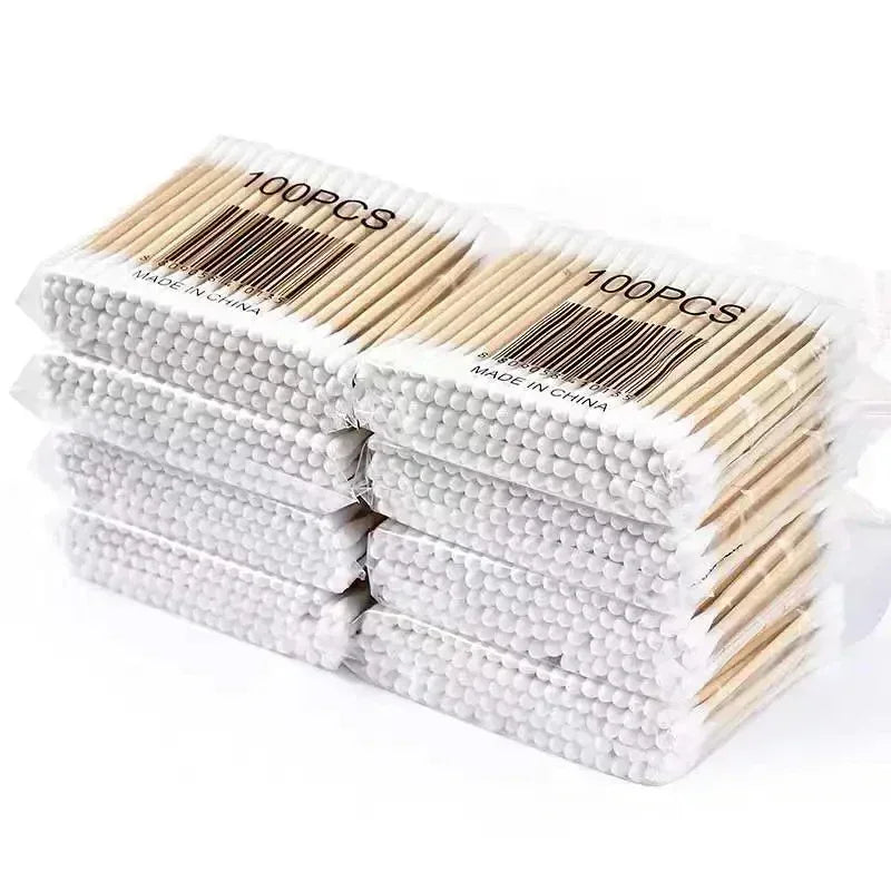 100/300/500 unidades de cotonetes com haste de madeira, cotonetes de bambu com pontas redondas duplas, cotonetes biodegradáveis