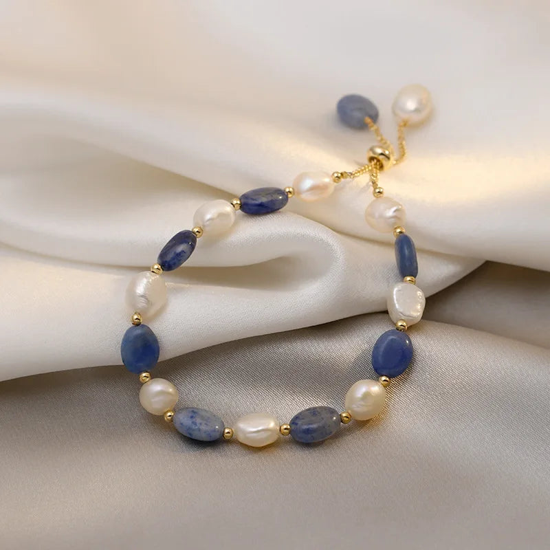 Trendy Blue Jade Stone & Baroque Freshwater Pearl 14K Gold Filled Female Charm Bracelet Jewelry For Women Birthday Gifts